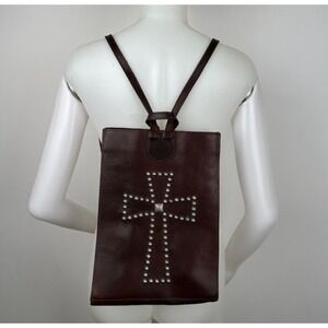 Vintage Two Bar West Brown Leather Backpack  Bag Western Cross Studded Silver
